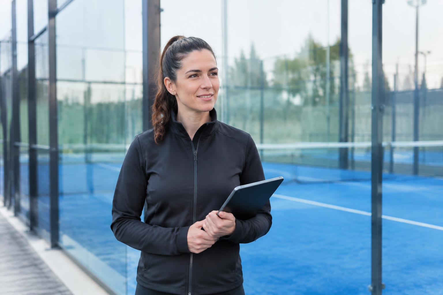 Gestora de clube de padel com tablet junto aos campos