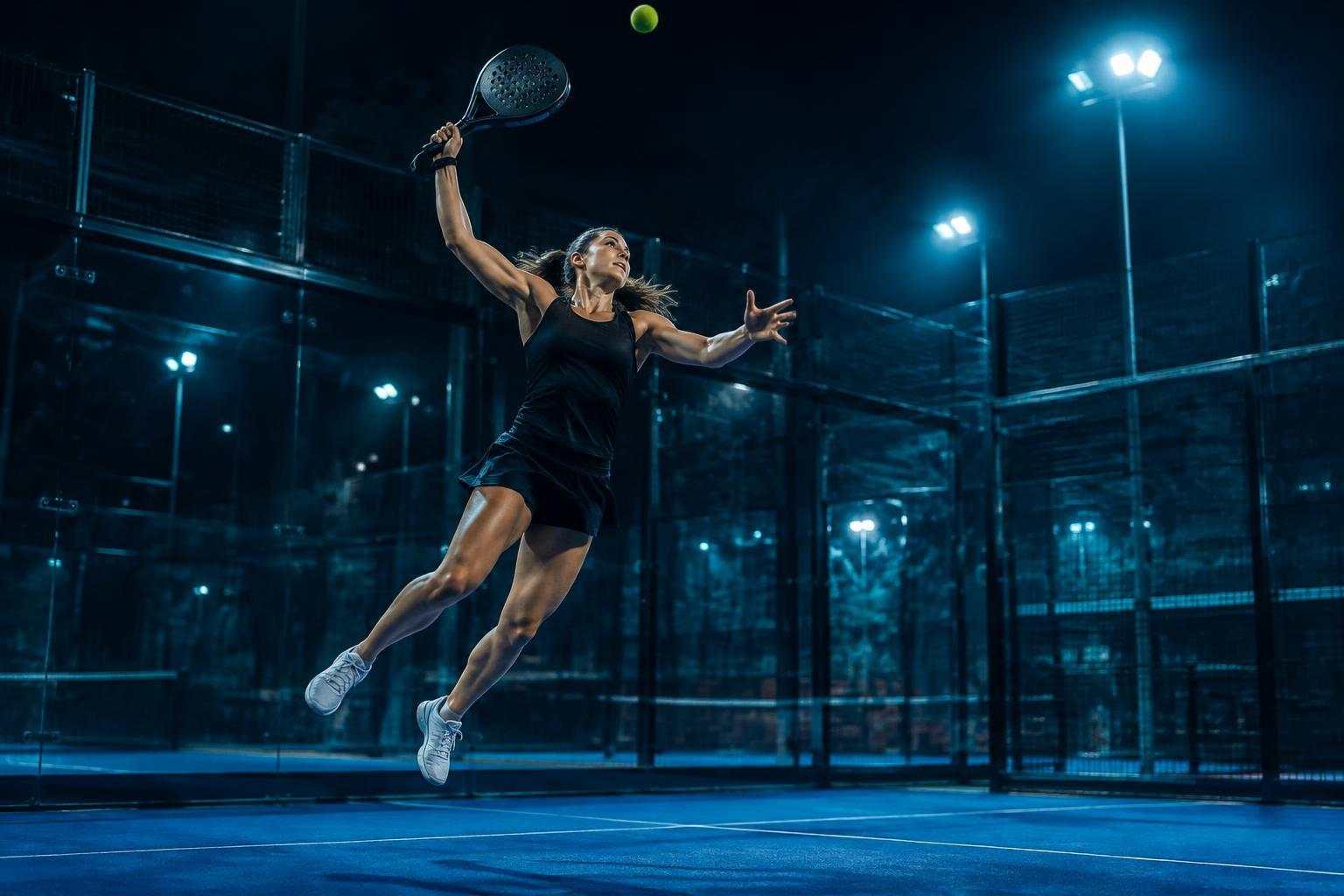 Jogadora de padel a saltar para um remate sob as luzes do campo